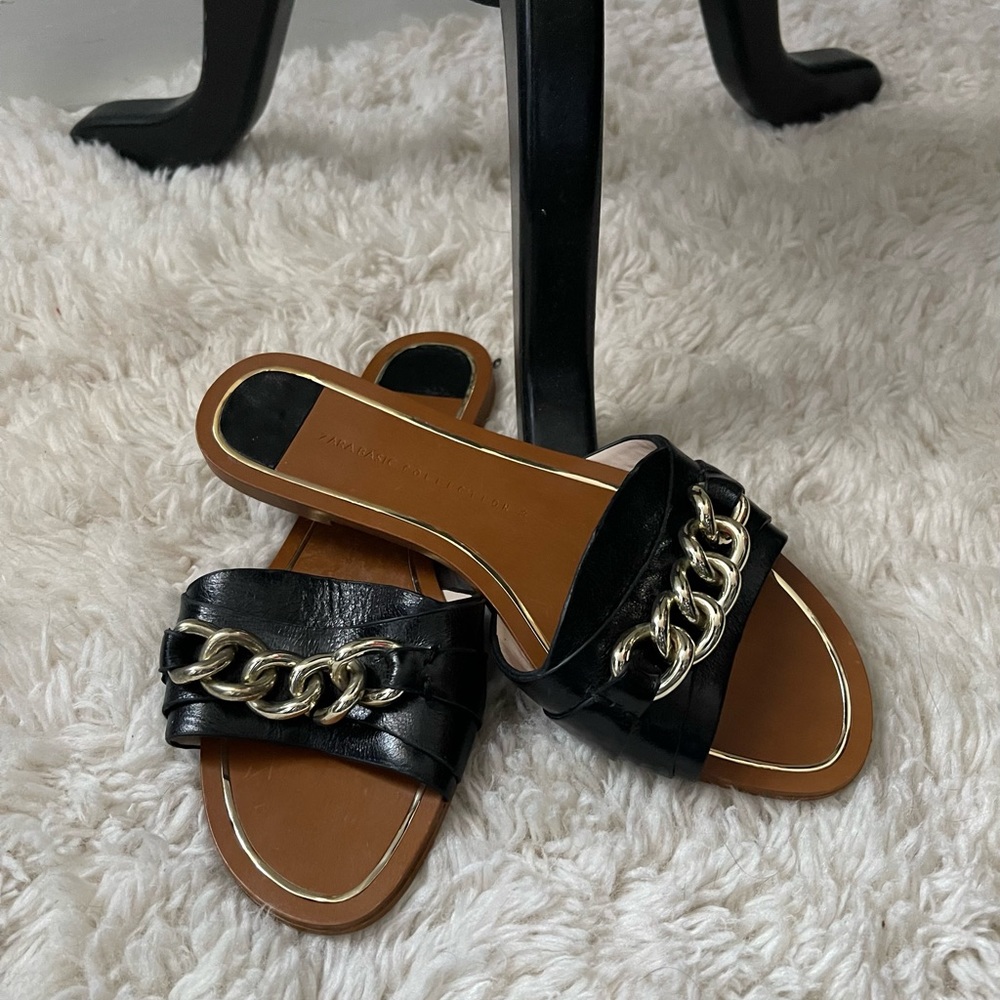 Zara Basic Black Gold Chain Slide Sandals Size 5/5.5